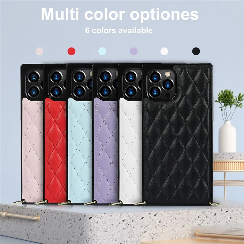 Chain Lanyard Stitching Rhombus Shock-Proof Protective Phone Case for iPhone 12 Pro Max - Black