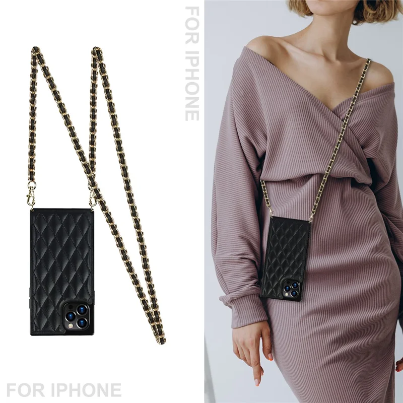 Chain Lanyard Stitching Rhombus Shock-Proof Protective Phone Case for iPhone 12 Pro Max - Black