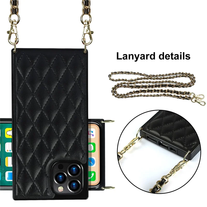 Chain Lanyard Stitching Rhombus Shock-Proof Protective Phone Case for iPhone 12 Pro Max - Black