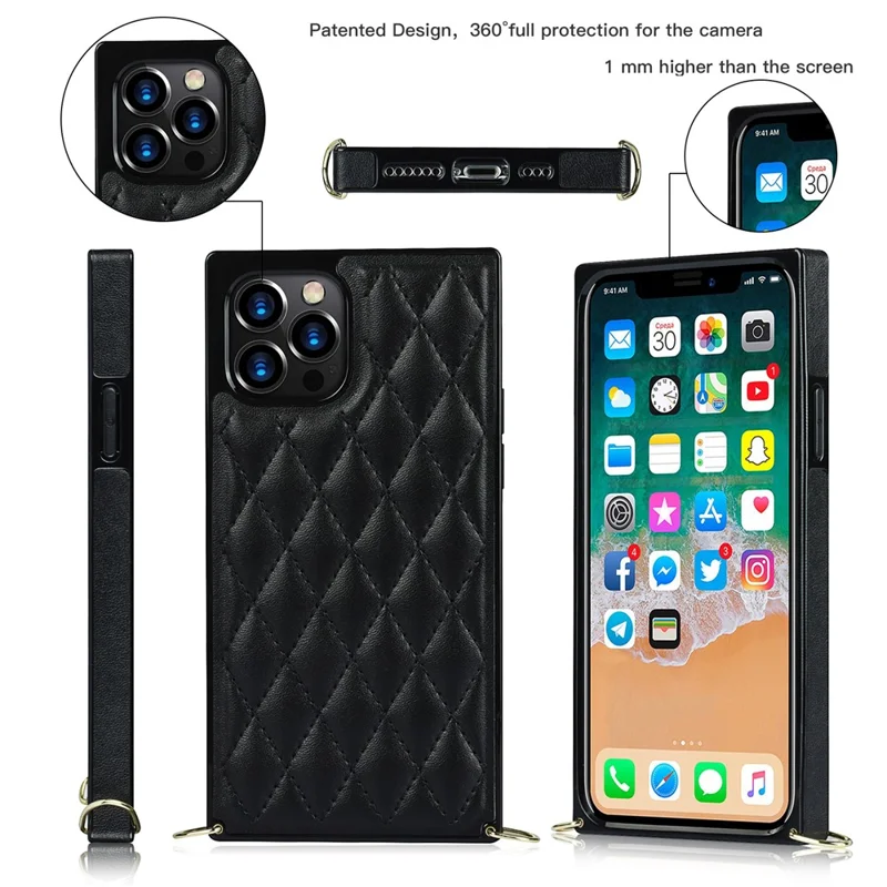 Chain Lanyard Stitching Rhombus Shock-Proof Protective Phone Case for iPhone 12 Pro Max - Black