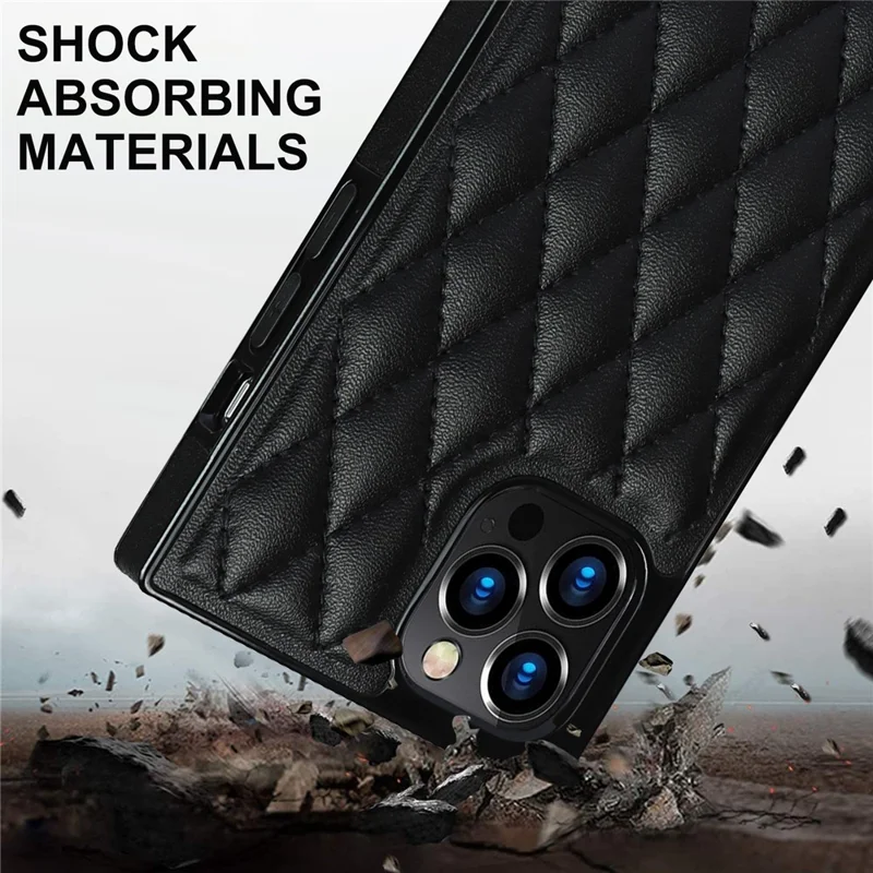 Chain Lanyard Stitching Rhombus Shock-Proof Protective Phone Case for iPhone 12 Pro Max - Black