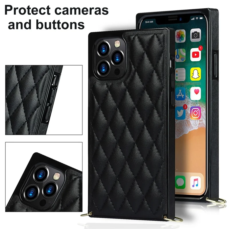 Chain Lanyard Stitching Rhombus Shock-Proof Protective Phone Case for iPhone 12 Pro Max - Black