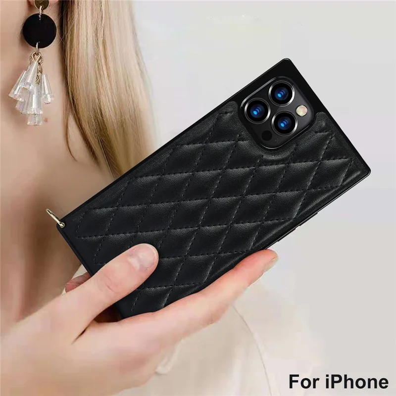 Chain Lanyard Stitching Rhombus Shock-Proof Protective Phone Case for iPhone 12 Pro Max - Black