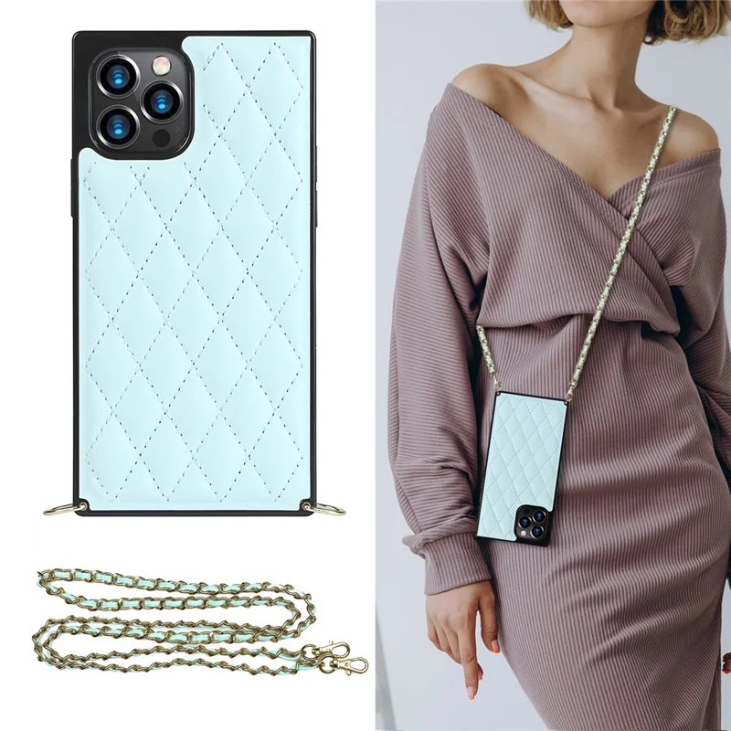 Chain Lanyard Stitching Rhombus Shock-Proof Protective Phone Case for iPhone 12 Pro Max - Blue
