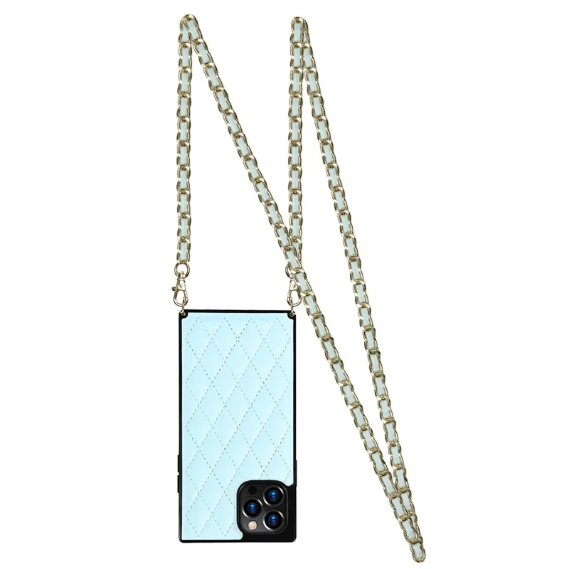 Chain Lanyard Stitching Rhombus Shock-Proof Protective Phone Case for iPhone 12 Pro Max - Blue