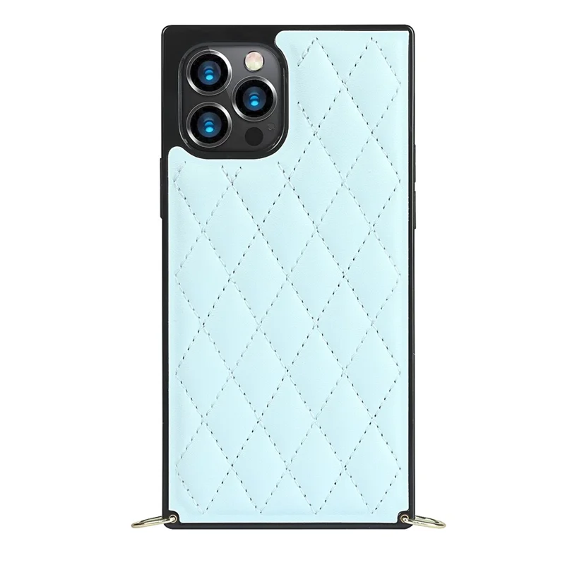 Chain Lanyard Stitching Rhombus Shock-Proof Protective Phone Case for iPhone 12 Pro Max - Blue