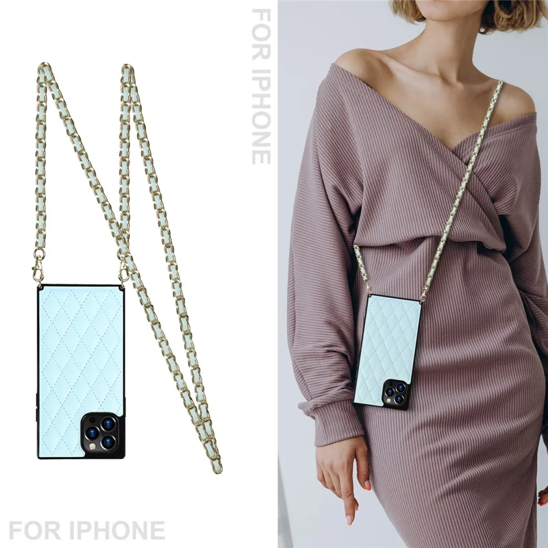 Chain Lanyard Stitching Rhombus Shock-Proof Protective Phone Case for iPhone 12 Pro Max - Blue