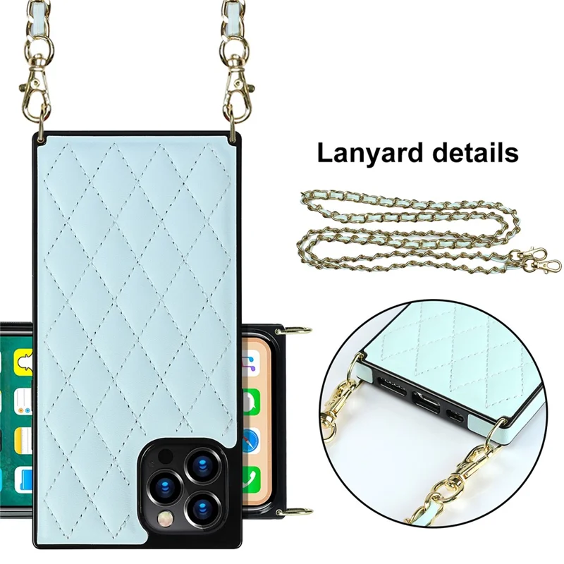 Chain Lanyard Stitching Rhombus Shock-Proof Protective Phone Case for iPhone 12 Pro Max - Blue