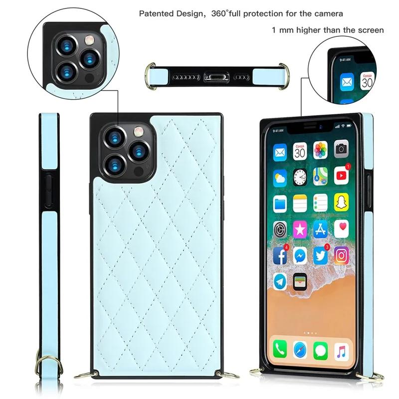 Chain Lanyard Stitching Rhombus Shock-Proof Protective Phone Case for iPhone 12 Pro Max - Blue