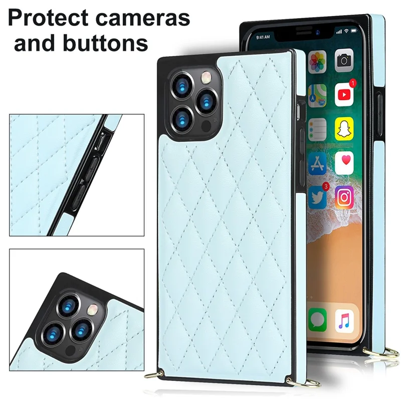 Chain Lanyard Stitching Rhombus Shock-Proof Protective Phone Case for iPhone 12 Pro Max - Blue