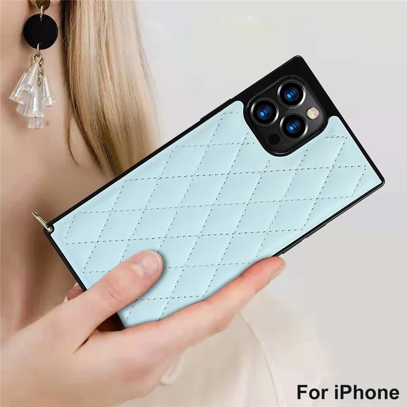 Chain Lanyard Stitching Rhombus Shock-Proof Protective Phone Case for iPhone 12 Pro Max - Blue