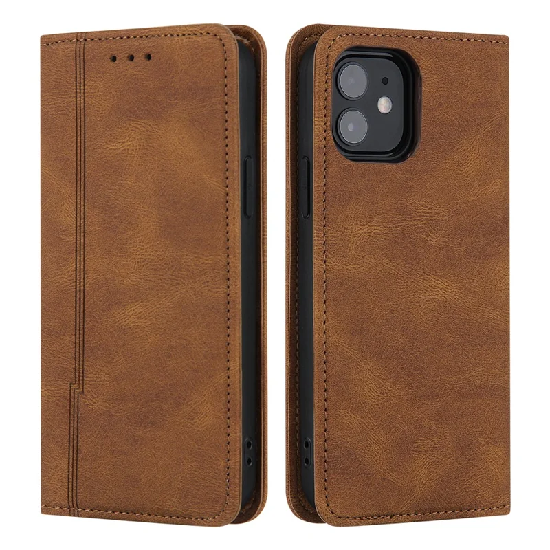 Skin-touch Magnetic Auto-absorbed Lines Wallet Leather Phone Case for iPhone 12 / 12 Pro - Brown