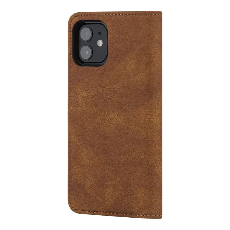 Skin-touch Magnetic Auto-absorbed Lines Wallet Leather Phone Case for iPhone 12 / 12 Pro - Brown