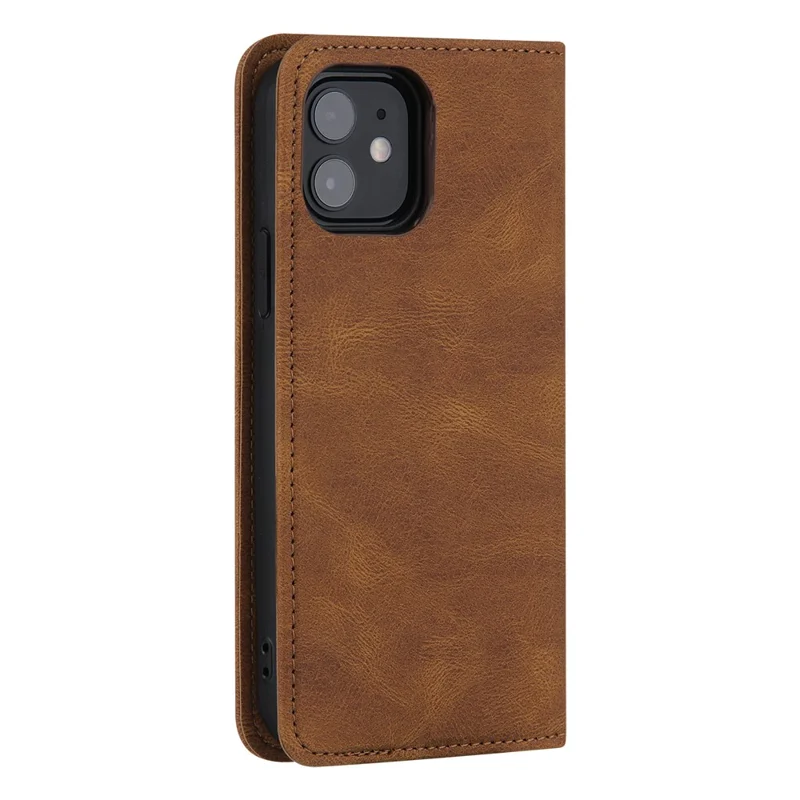 Skin-touch Magnetic Auto-absorbed Lines Wallet Leather Phone Case for iPhone 12 / 12 Pro - Brown