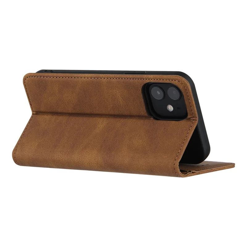 Skin-touch Magnetic Auto-absorbed Lines Wallet Leather Phone Case for iPhone 12 / 12 Pro - Brown