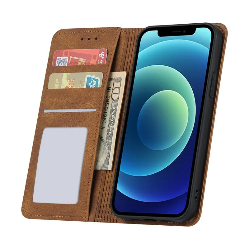 Skin-touch Magnetic Auto-absorbed Lines Wallet Leather Phone Case for iPhone 12 / 12 Pro - Brown