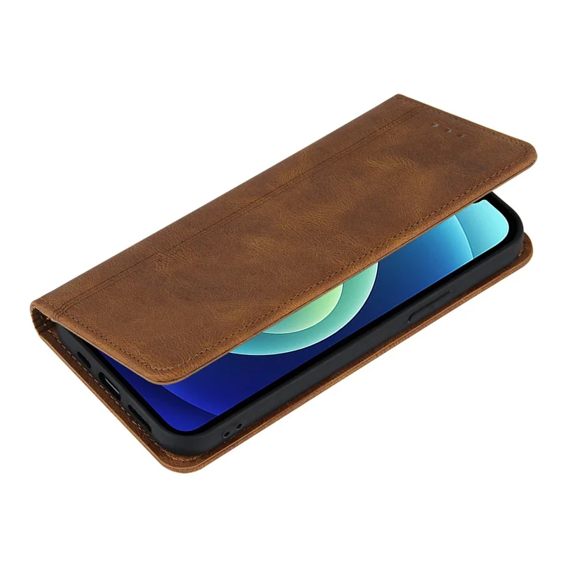 Skin-touch Magnetic Auto-absorbed Lines Wallet Leather Phone Case for iPhone 12 / 12 Pro - Brown