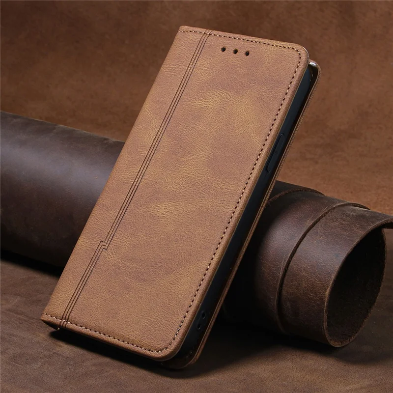 Skin-touch Magnetic Auto-absorbed Lines Wallet Leather Phone Case for iPhone 12 / 12 Pro - Brown