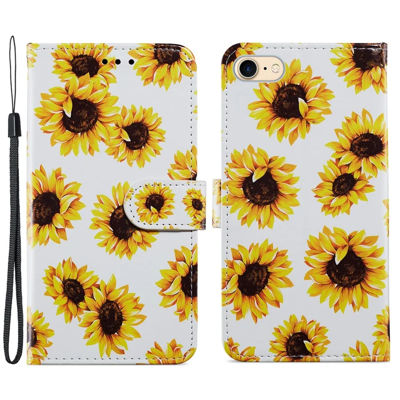 Magnetische Sluiting Patroon Print Design Leren Telefoonportemonnee Standhoes voor iPhone 7 4,7 inch/8 4,7 inch/SE (2020)/SE (2022) - Zonnebloem