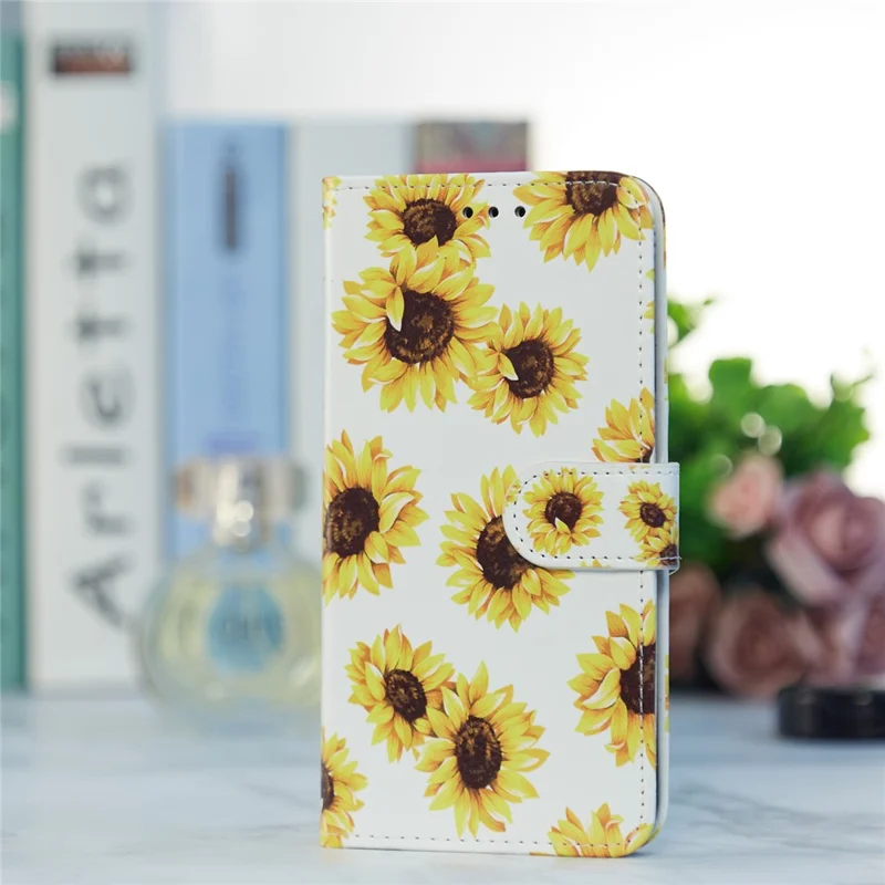 Magnetische Sluiting Patroon Print Design Leren Telefoonportemonnee Standhoes voor iPhone 7 4,7 inch/8 4,7 inch/SE (2020)/SE (2022) - Zonnebloem