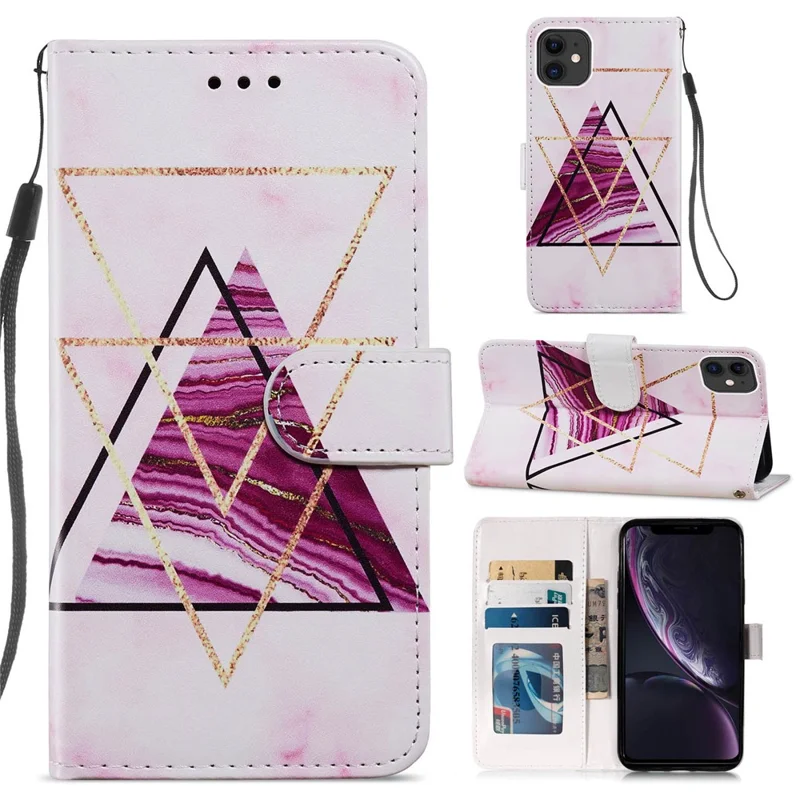 Pattern Printing Wallet Design Magnetic Clasp Leather Phone Case Cover with Stand for iPhone 11 6.1 inch - Tri-color Marble