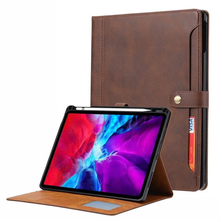 Дизайн стойки Wallet Leather Tablet Protective Case Cover with Pen Slot for iPad Pro 12.9-inch (2021) - Brown
