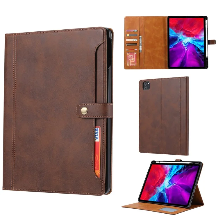 Дизайн стойки Wallet Leather Tablet Protective Case Cover with Pen Slot for iPad Pro 12.9-inch (2021) - Brown