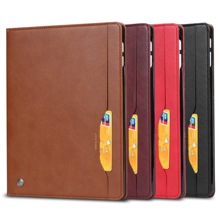 PU Leather Folding Stand Wallet Tablet Back Cover with Pen Holder & Card Holder for iPad Pro 12.9-inch (2021) - Brown