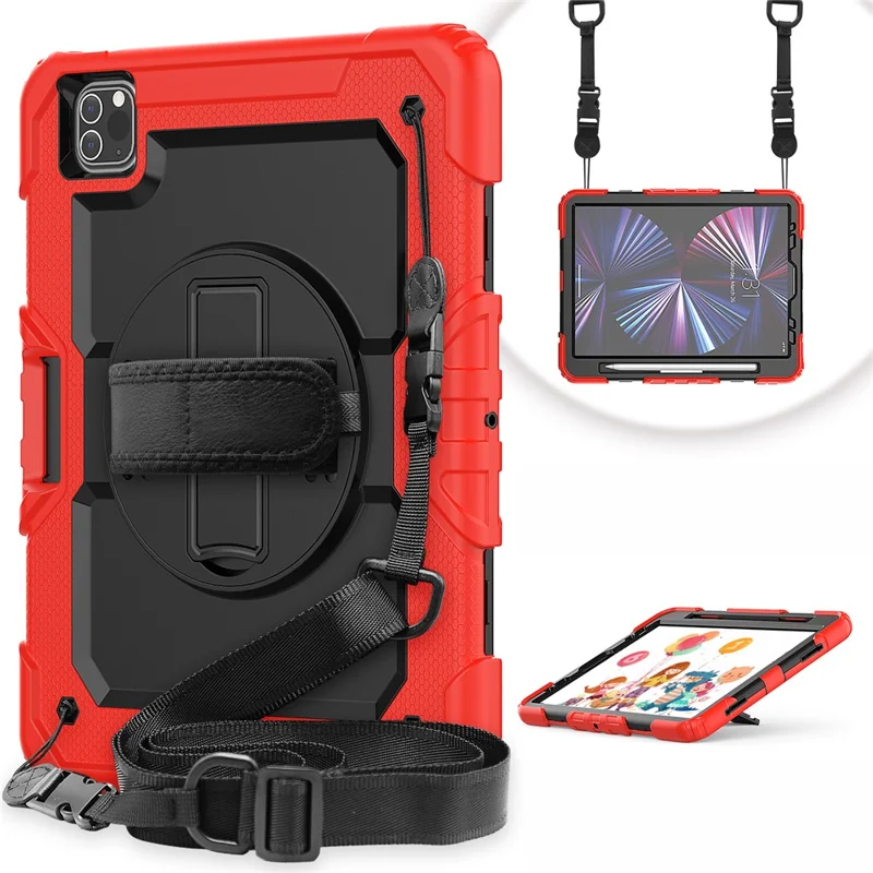 Rugged Heavy Duty PC + Silicone Shockproof 360° Rotating Kickstand Cover with Handle Hand Grip and Shoulder Strap for iPad Pro 11-inch (2021) / (2022) - Red / Black