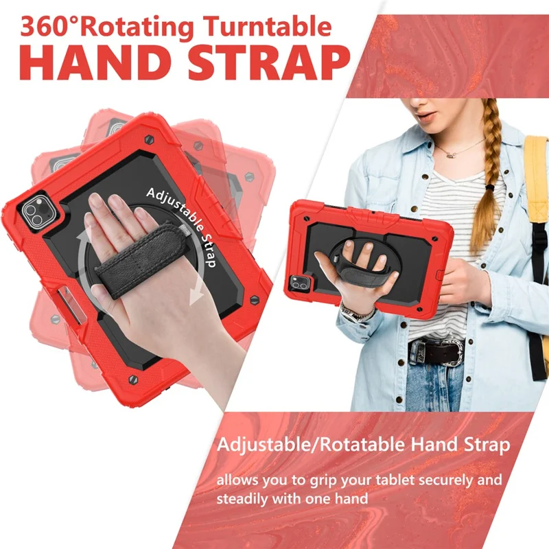 Rugged Heavy Duty PC + Silicone Shockproof 360° Rotating Kickstand Cover with Handle Hand Grip and Shoulder Strap for iPad Pro 11-inch (2021) / (2022) - Red / Black