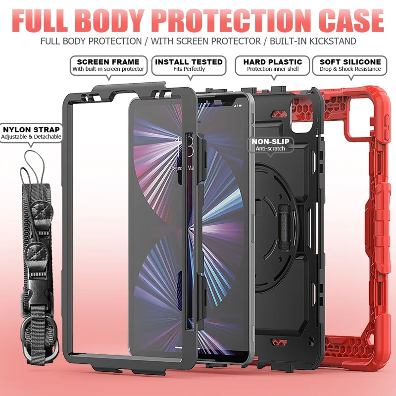 Rugged Heavy Duty PC + Silicone Shockproof 360° Rotating Kickstand Cover with Handle Hand Grip and Shoulder Strap for iPad Pro 11-inch (2021) / (2022) - Red / Black