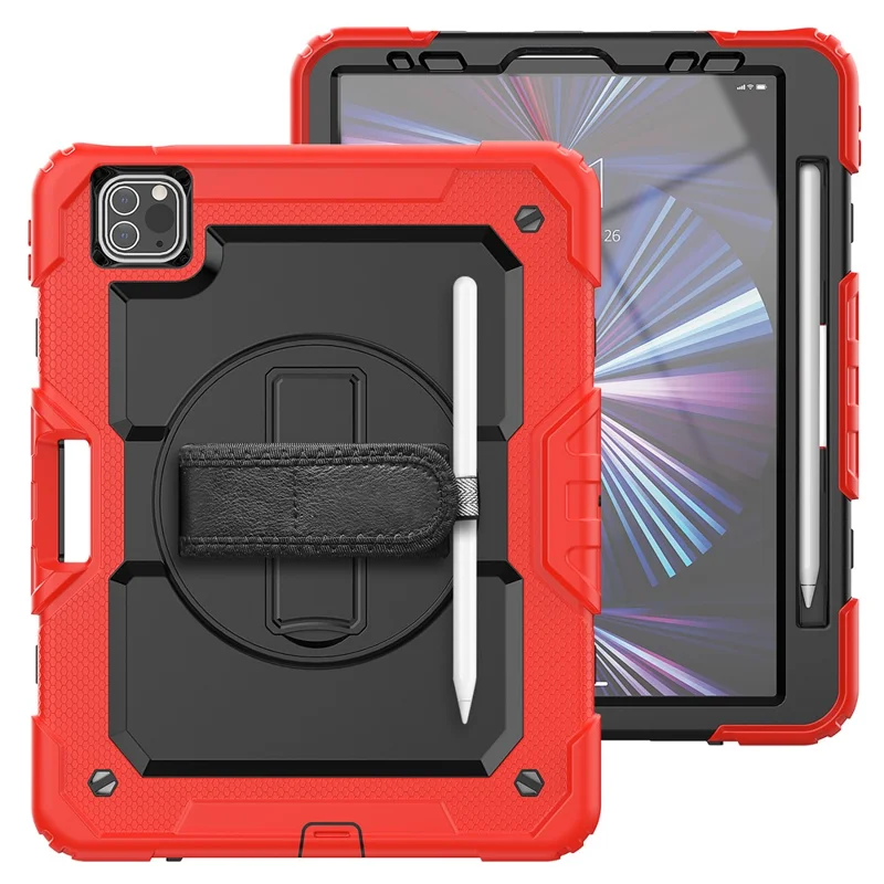 Rugged Heavy Duty PC + Silicone Shockproof 360° Rotating Kickstand Cover with Handle Hand Grip and Shoulder Strap for iPad Pro 11-inch (2021) / (2022) - Red / Black