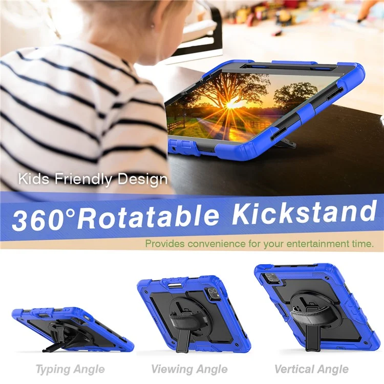 Rugged Heavy Duty PC + Silicone Shockproof 360° Rotating Kickstand Cover with Handle Hand Grip and Shoulder Strap for iPad Pro 11-inch (2021) / (2022) - Blue / Black