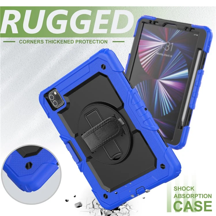 Rugged Heavy Duty PC + Silicone Shockproof 360° Rotating Kickstand Cover with Handle Hand Grip and Shoulder Strap for iPad Pro 11-inch (2021) / (2022) - Blue / Black