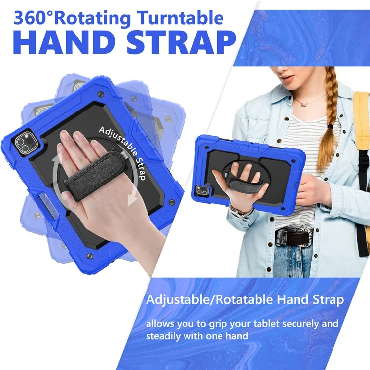 Rugged Heavy Duty PC + Silicone Shockproof 360° Rotating Kickstand Cover with Handle Hand Grip and Shoulder Strap for iPad Pro 11-inch (2021) / (2022) - Blue / Black