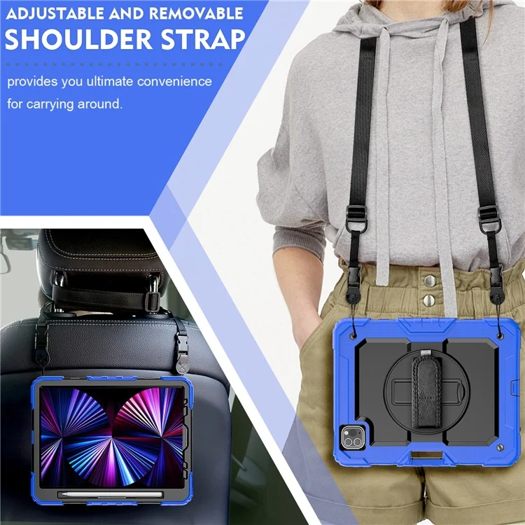 Rugged Heavy Duty PC + Silicone Shockproof 360° Rotating Kickstand Cover with Handle Hand Grip and Shoulder Strap for iPad Pro 11-inch (2021) / (2022) - Blue / Black
