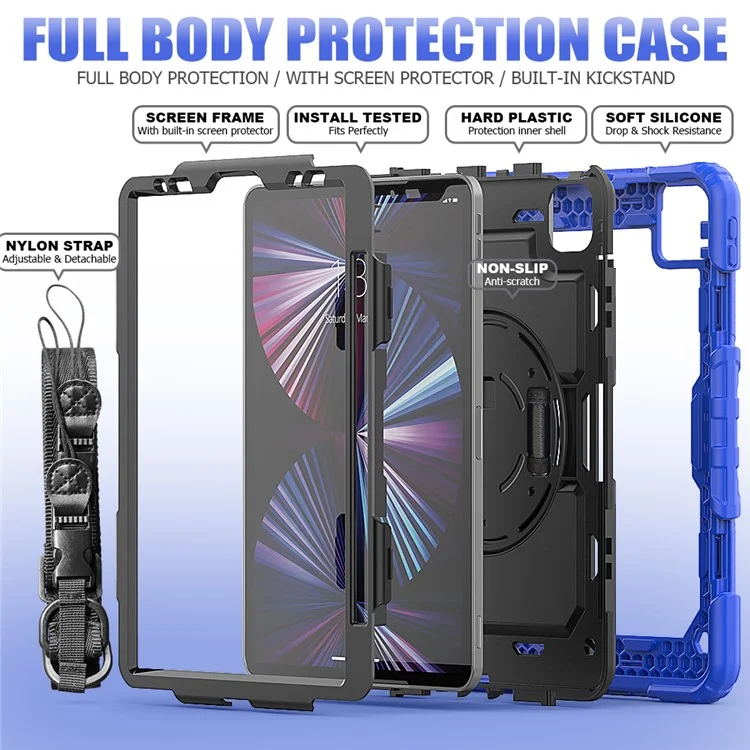 Rugged Heavy Duty PC + Silicone Shockproof 360° Rotating Kickstand Cover with Handle Hand Grip and Shoulder Strap for iPad Pro 11-inch (2021) / (2022) - Blue / Black