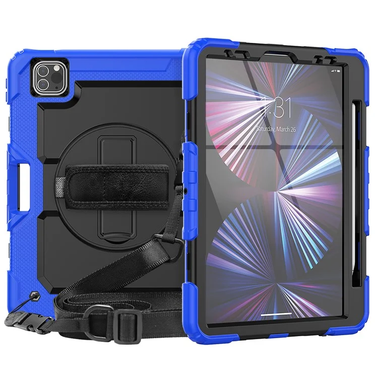Rugged Heavy Duty PC + Silicone Shockproof 360° Rotating Kickstand Cover with Handle Hand Grip and Shoulder Strap for iPad Pro 11-inch (2021) / (2022) - Blue / Black