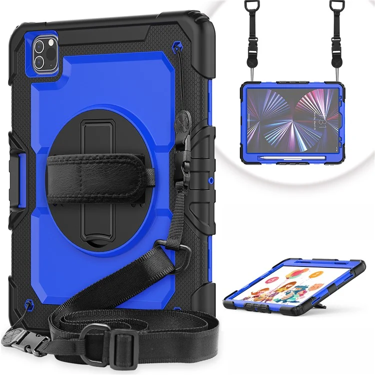 PC de Serviço Pesado Acidentado + Silicone à Prova de Choque de 360 ​​° Tampa de Kickstand Com Alça de Alça e Alça de Ombro Para Ipad Pro de 11 Polegadas (2021) - Preto Azul