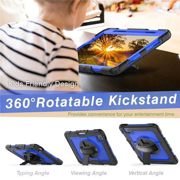 PC de Serviço Pesado Acidentado + Silicone à Prova de Choque de 360 ​​° Tampa de Kickstand Com Alça de Alça e Alça de Ombro Para Ipad Pro de 11 Polegadas (2021) - Preto Azul