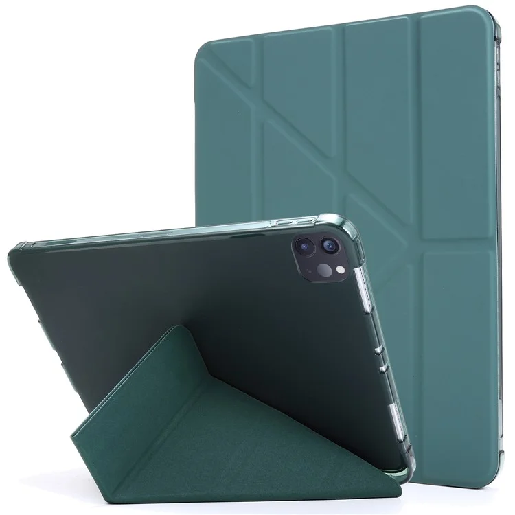 Auto Wake/Sleep Deformable Stand Leather Tablet Case with Pen Slot for iPad Pro 11-inch (2021) - Dark Green