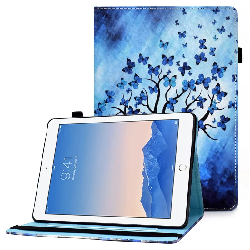 Multi-Angle Viewing Pattern Printing Elastic Band Folio Stand Cover with Cards Holder for iPad AIR / Air 2 / iPad 9.7-inch (2018) / (2017) - Butterfly Tree