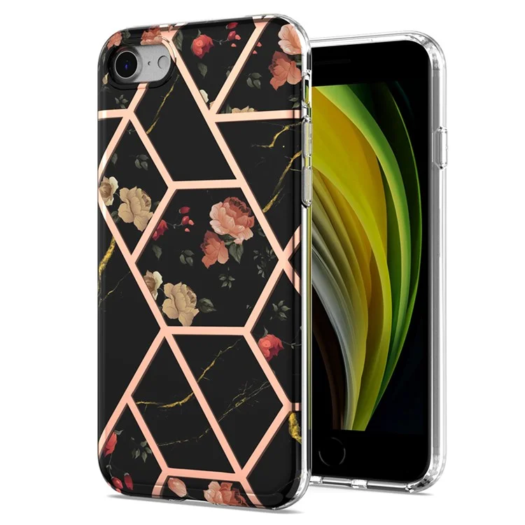 Coque de téléphone en marbre à motif floral pour iPhone 7 4,7 pouces/8 4,7 pouces/SE (2020)/SE (2022) - Marbre noir/Fleur avec motif électrolytique de 2,0 mm IMD IML