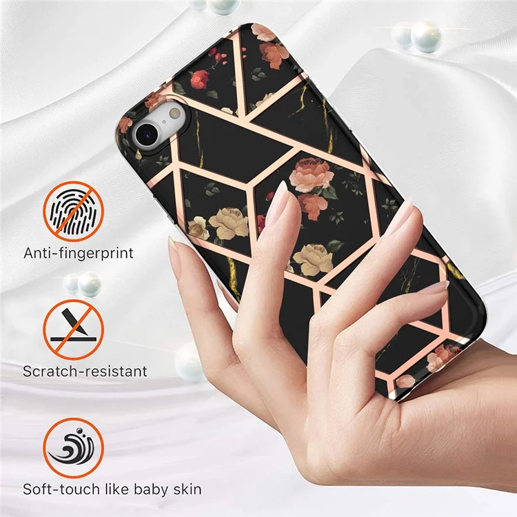 Coque de téléphone en marbre à motif floral pour iPhone 7 4,7 pouces/8 4,7 pouces/SE (2020)/SE (2022) - Marbre noir/Fleur avec motif électrolytique de 2,0 mm IMD IML