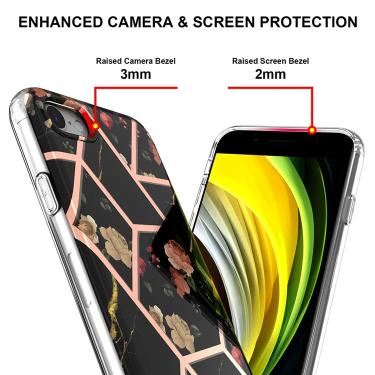 Coque de téléphone en marbre à motif floral pour iPhone 7 4,7 pouces/8 4,7 pouces/SE (2020)/SE (2022) - Marbre noir/Fleur avec motif électrolytique de 2,0 mm IMD IML