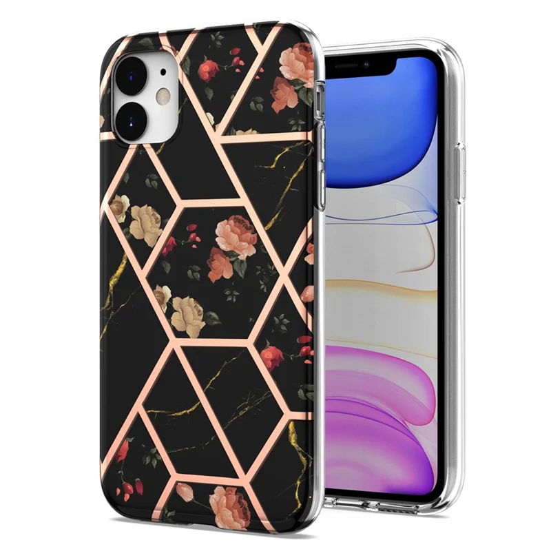 2.0mm IMD IML Drop-resistant Electroplating Marble Flower Pattern TPU Phone Case for iPhone 11 6.1 inch - Black Marble/Flower