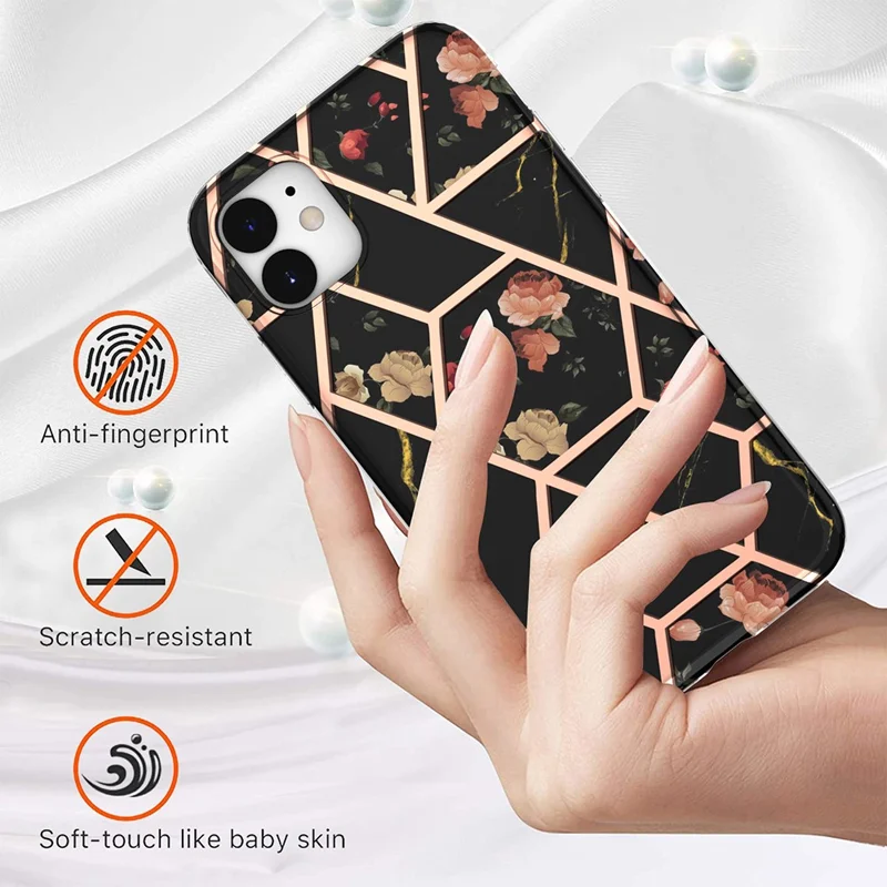 2.0mm IMD IML Drop-resistant Electroplating Marble Flower Pattern TPU Phone Case for iPhone 11 6.1 inch - Black Marble/Flower