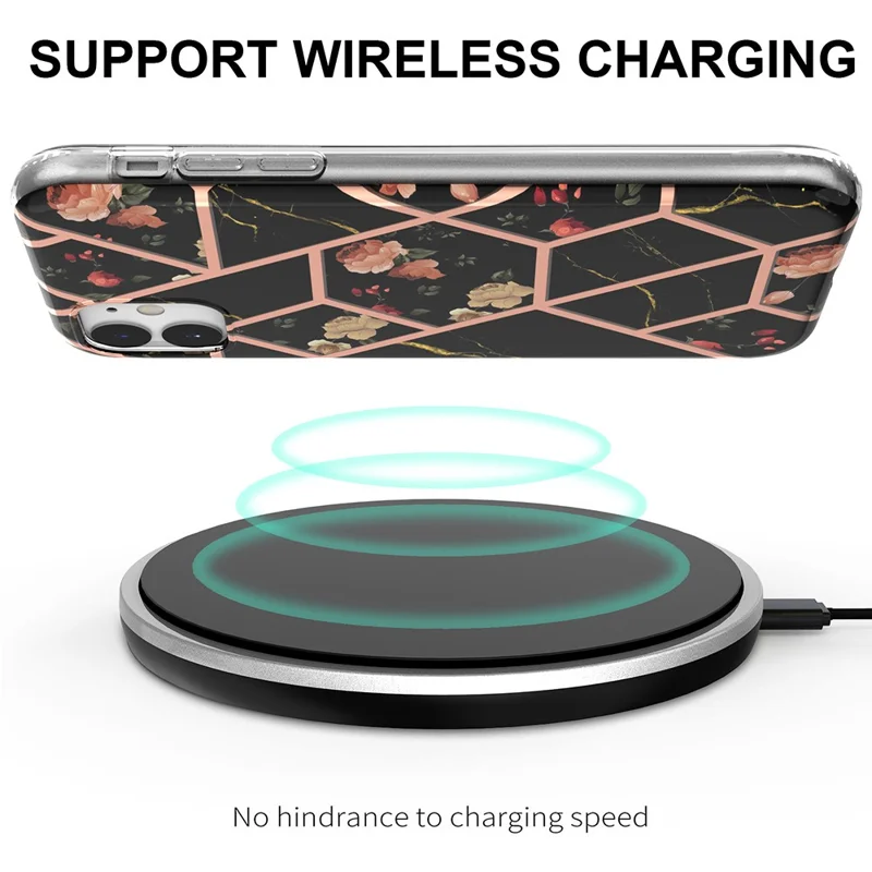 2.0mm IMD IML Drop-resistant Electroplating Marble Flower Pattern TPU Phone Case for iPhone 11 6.1 inch - Black Marble/Flower