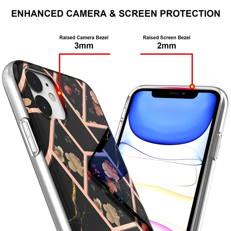 2.0mm IMD IML Drop-resistant Electroplating Marble Flower Pattern TPU Phone Case for iPhone 11 6.1 inch - Black Marble/Flower
