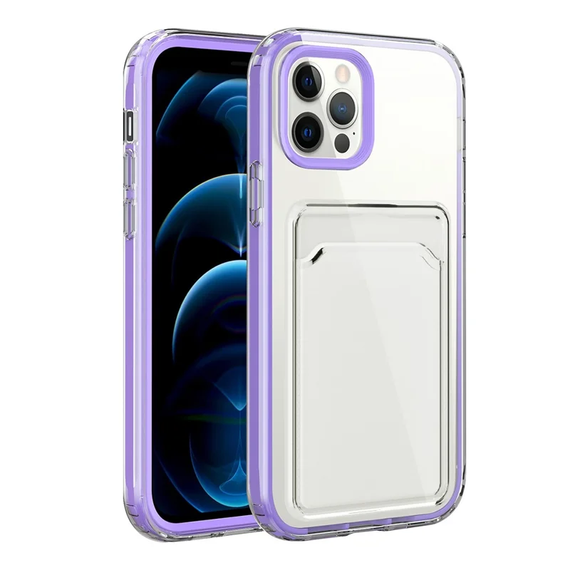 Clear Gradient Soft TPU Shock-Absorbing Bumper Protective Case with Card Holder for iPhone 12 6.1 inch / 12 Pro 6.1 inch - Purple